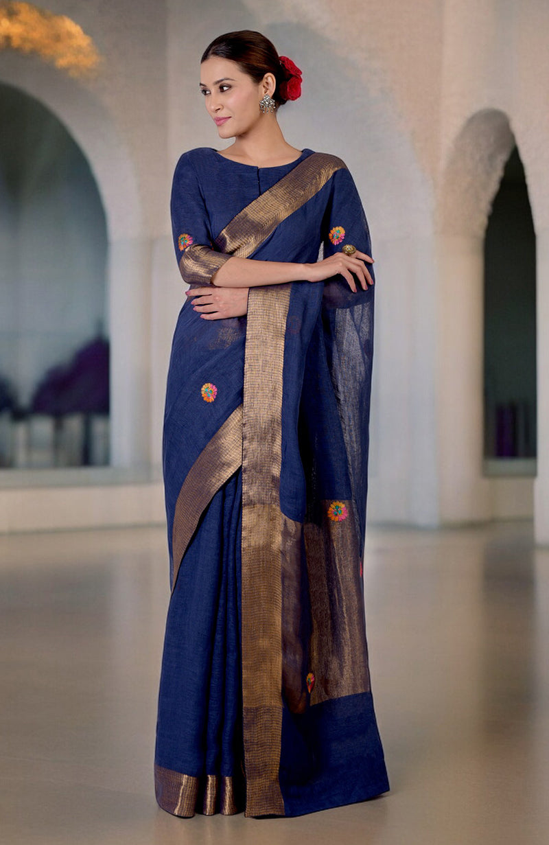 Navy Blue Kashidakari Embroidered Linen Saree & Blouse