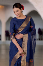 Navy Blue Kashidakari Embroidered Linen Saree & Blouse