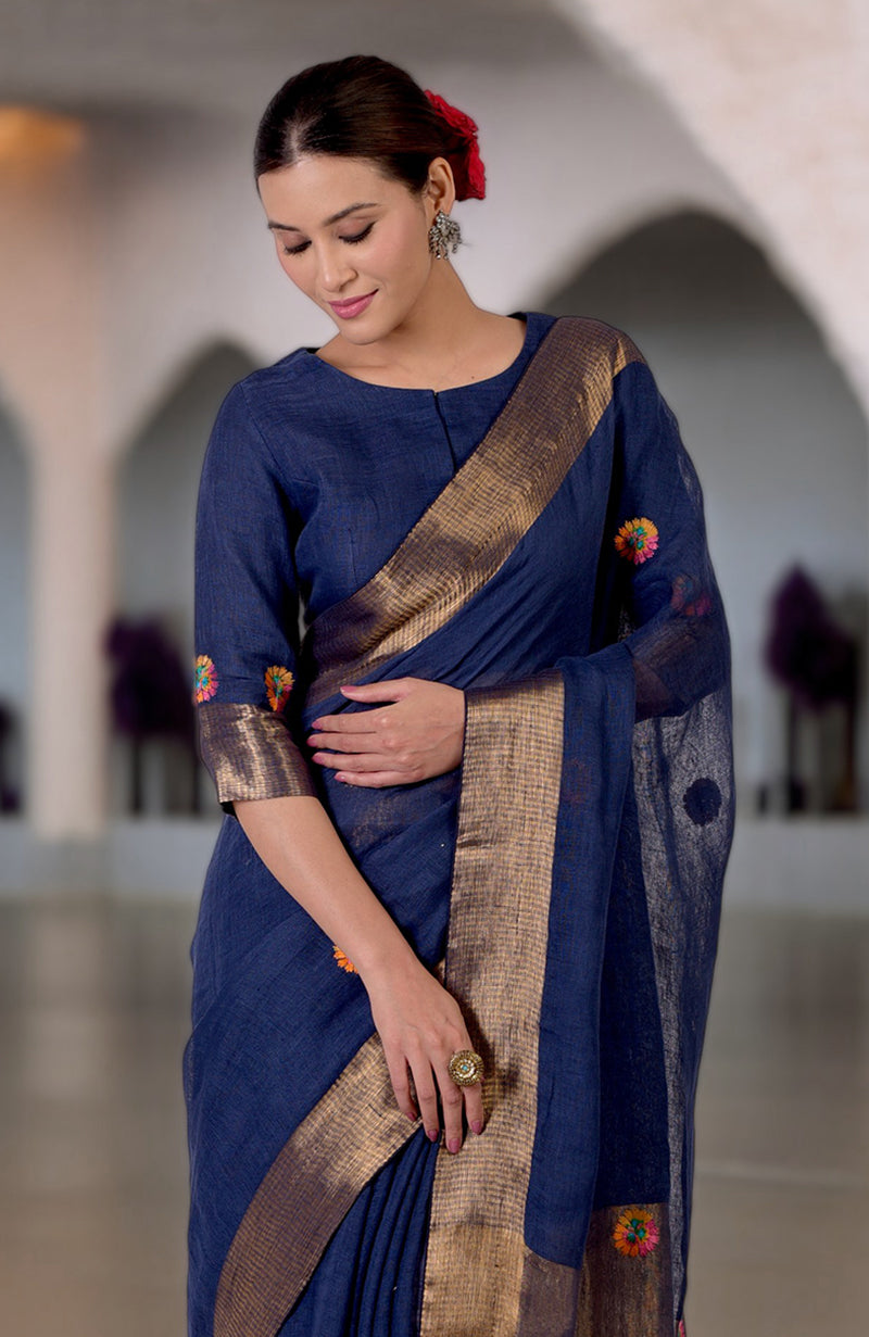 Navy Blue Kashidakari Embroidered Linen Saree & Blouse