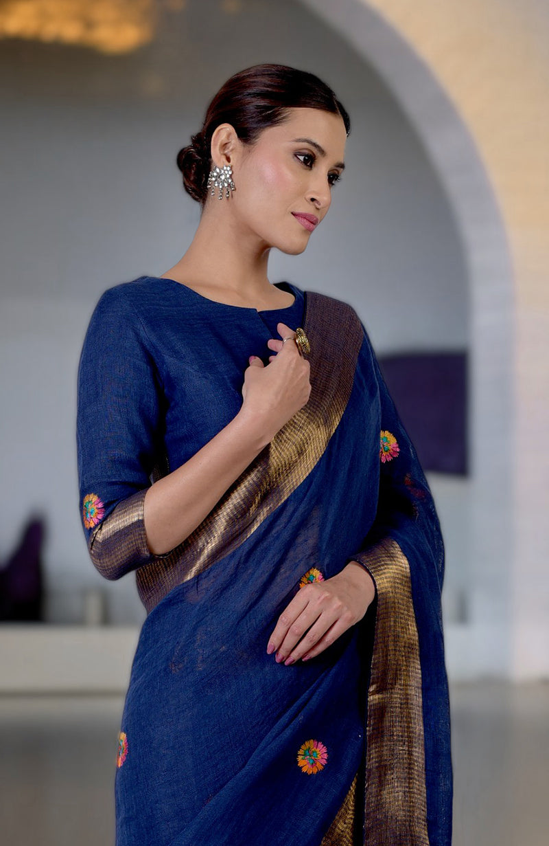 Navy Blue Kashidakari Embroidered Linen Saree & Blouse