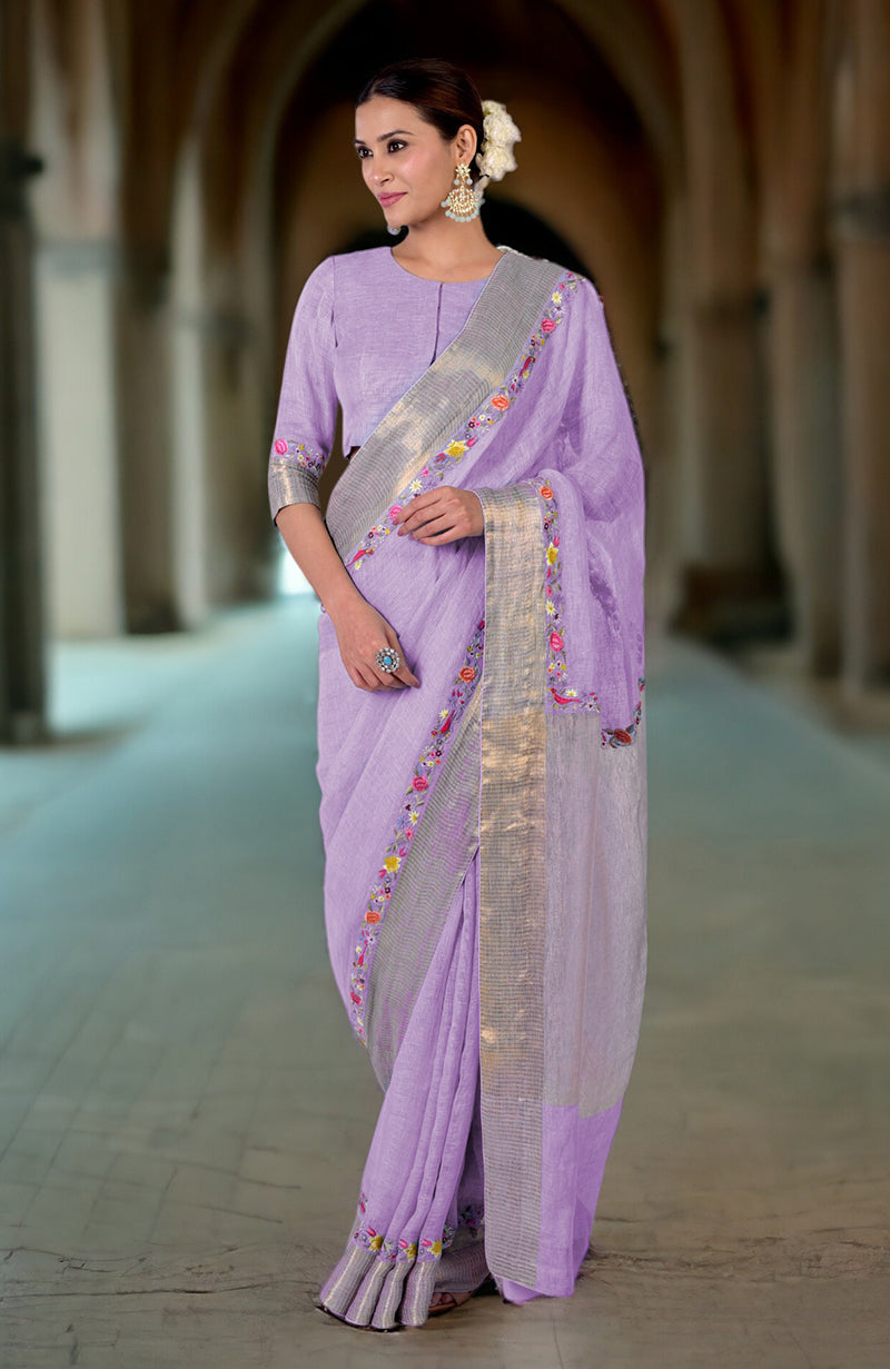 Lilac Breeze Parsi Gara Embroidered Linen Saree