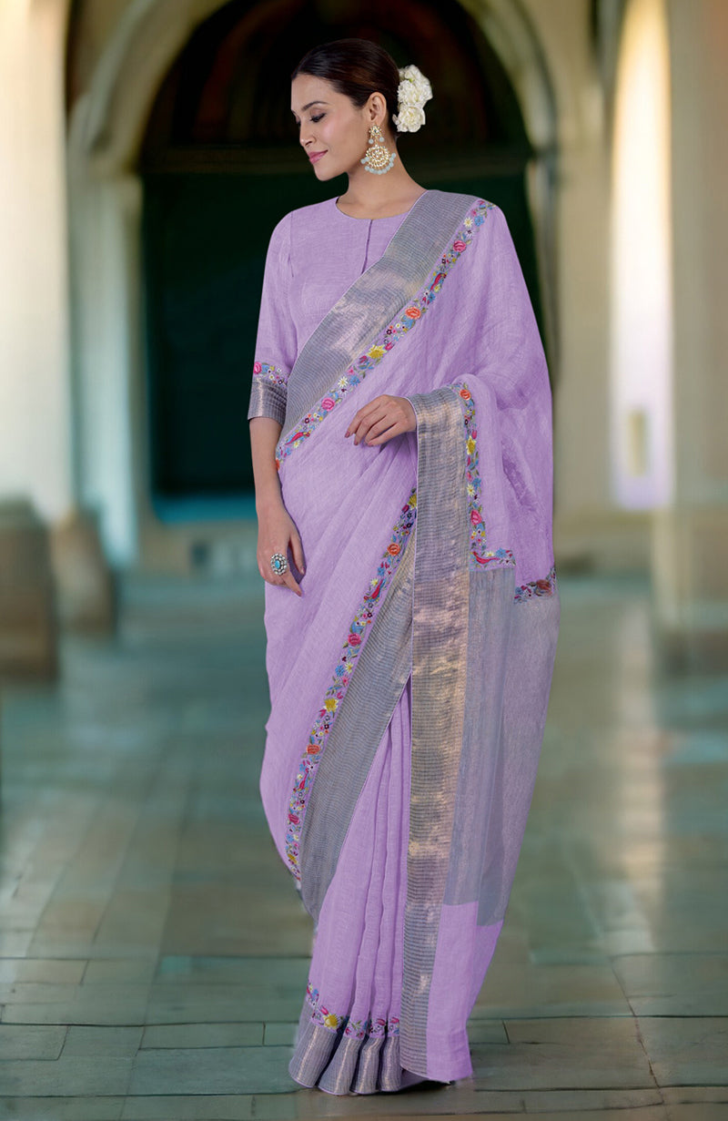 Lilac Breeze Parsi Gara Embroidered Linen Saree
