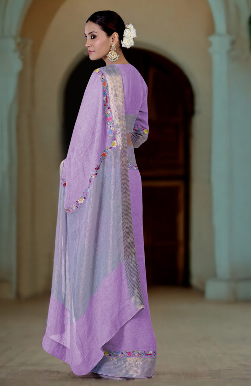 Lilac Breeze Parsi Gara Embroidered Linen Saree