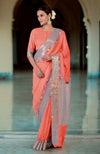Cerulean Blue Parsi Gara Embroidered Linen Saree