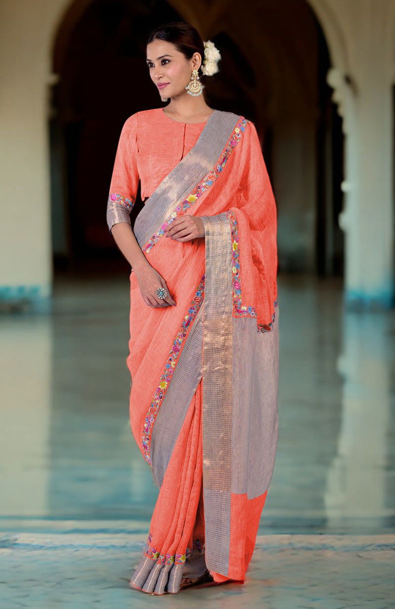 Cerulean Blue Parsi Gara Embroidered Linen Saree