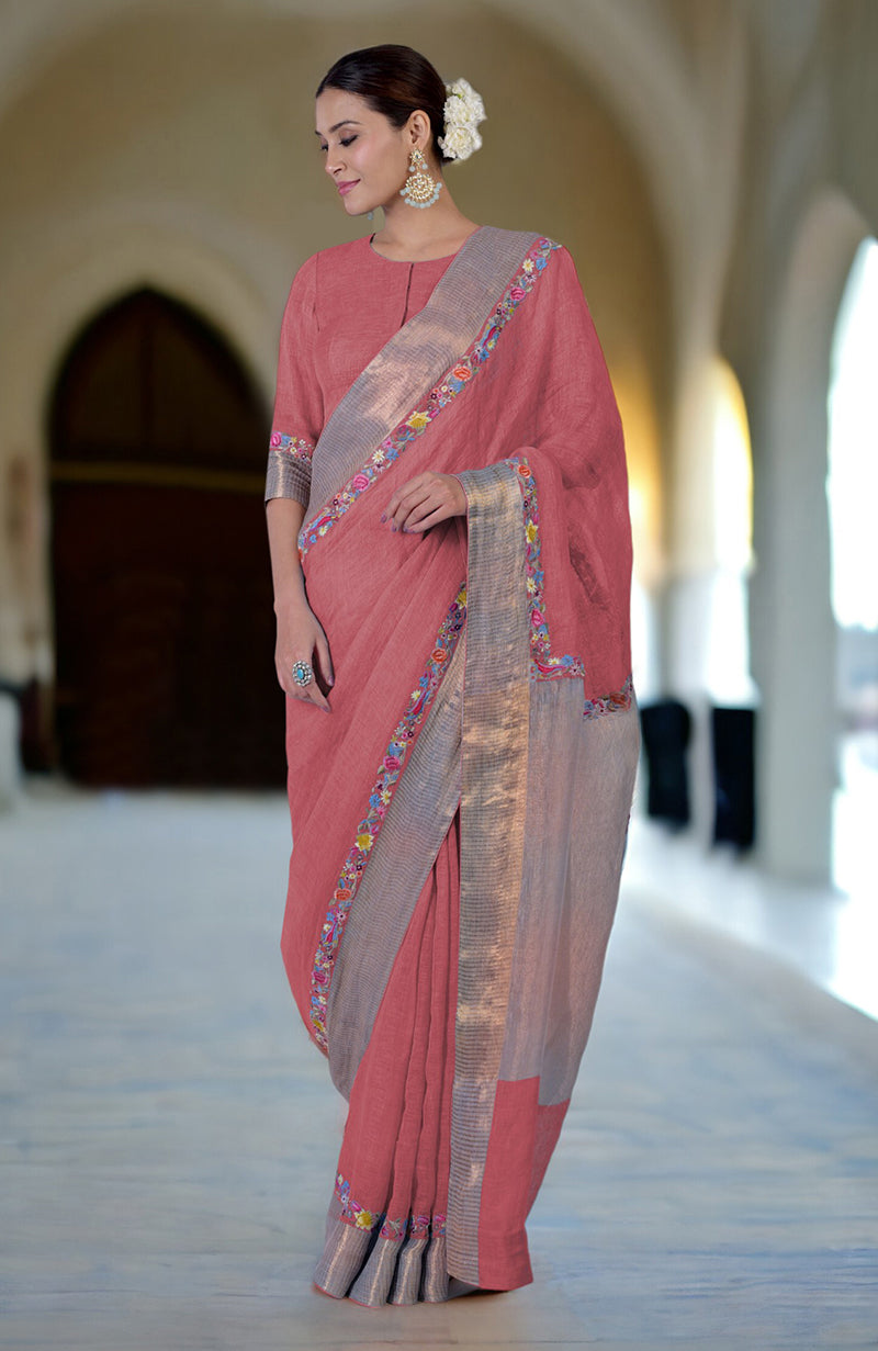 Lilac Breeze Parsi Gara Embroidered Linen Saree