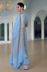 Cerulean Blue Parsi Gara Embroidered Linen Saree
