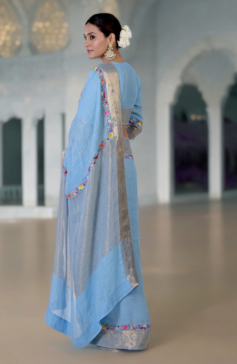 Cerulean Blue Parsi Gara Embroidered Linen Saree