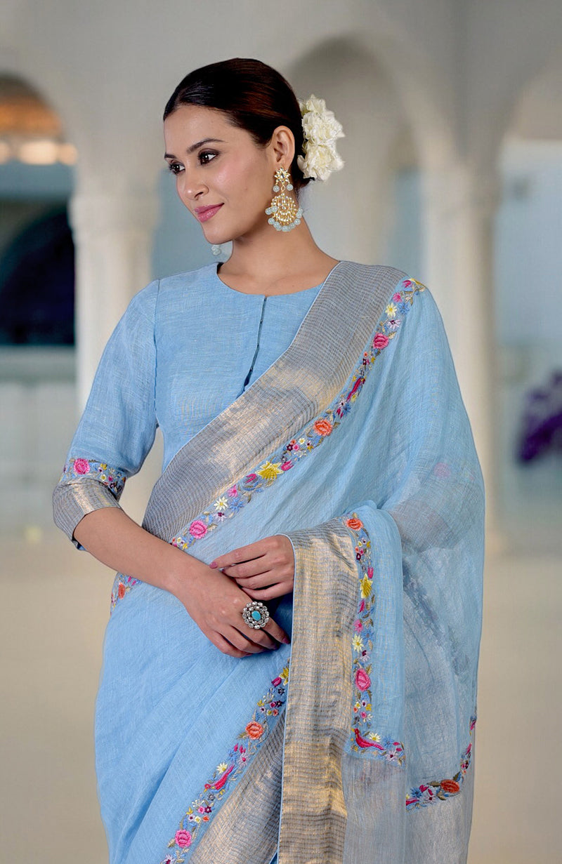 Cerulean Blue Parsi Gara Embroidered Linen Saree