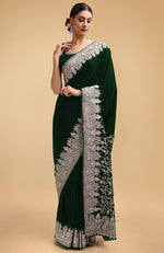 Bottle Green Kashmiri Silver Tilla Aari Embroidered Velvet Saree