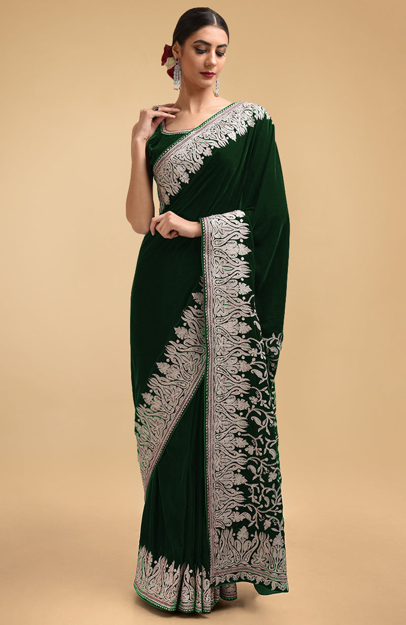 Bottle Green Kashmiri Silver Tilla Aari Embroidered Velvet Saree