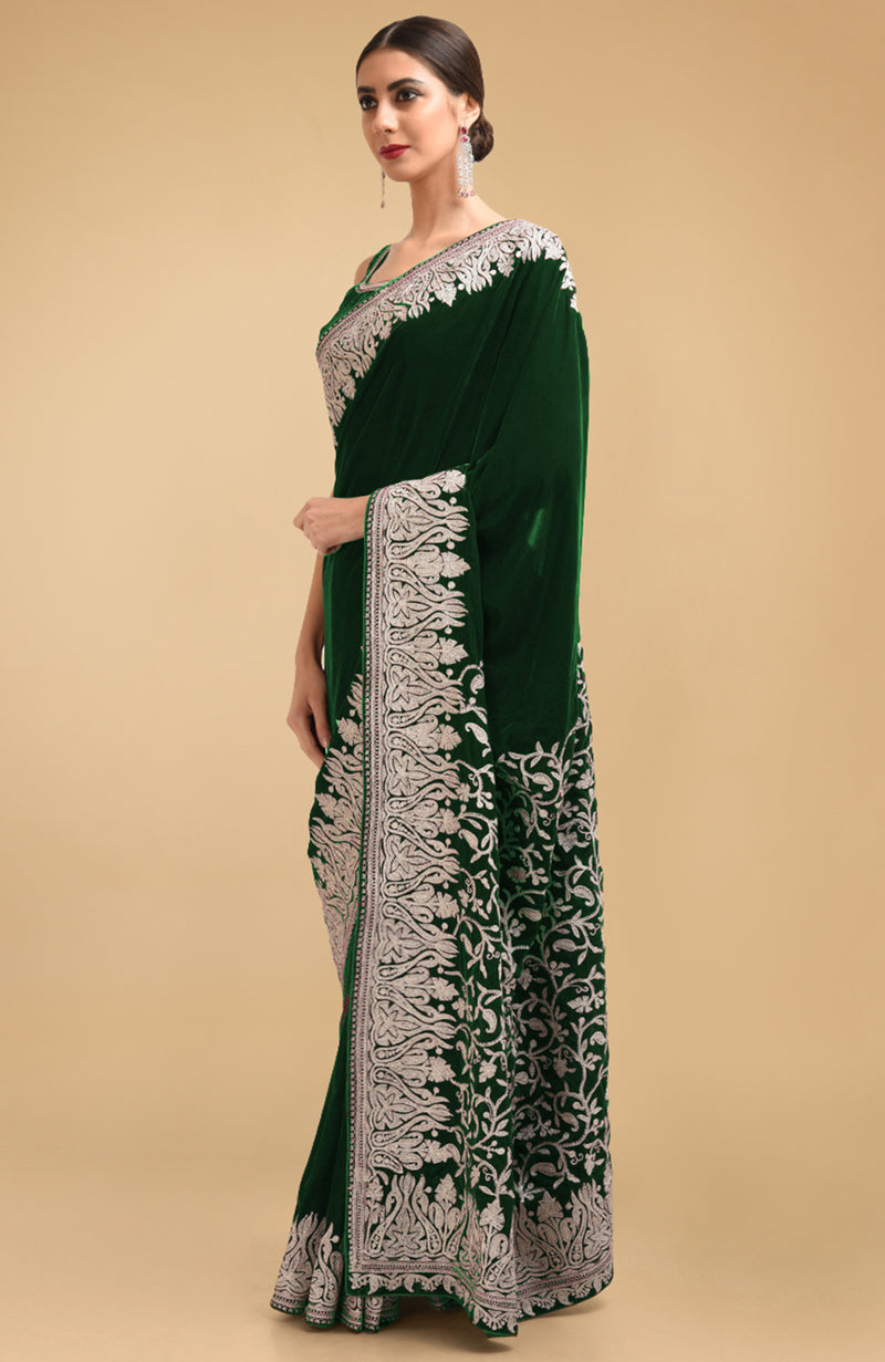 Bottle Green Kashmiri Silver Tilla Aari Embroidered Velvet Saree