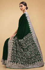 Bottle Green Kashmiri Silver Tilla Aari Embroidered Velvet Saree