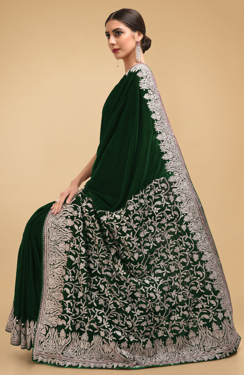 Bottle Green Kashmiri Silver Tilla Aari Embroidered Velvet Saree