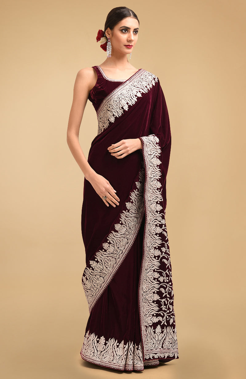 Bottle Green Kashmiri Silver Tilla Aari Embroidered Velvet Saree