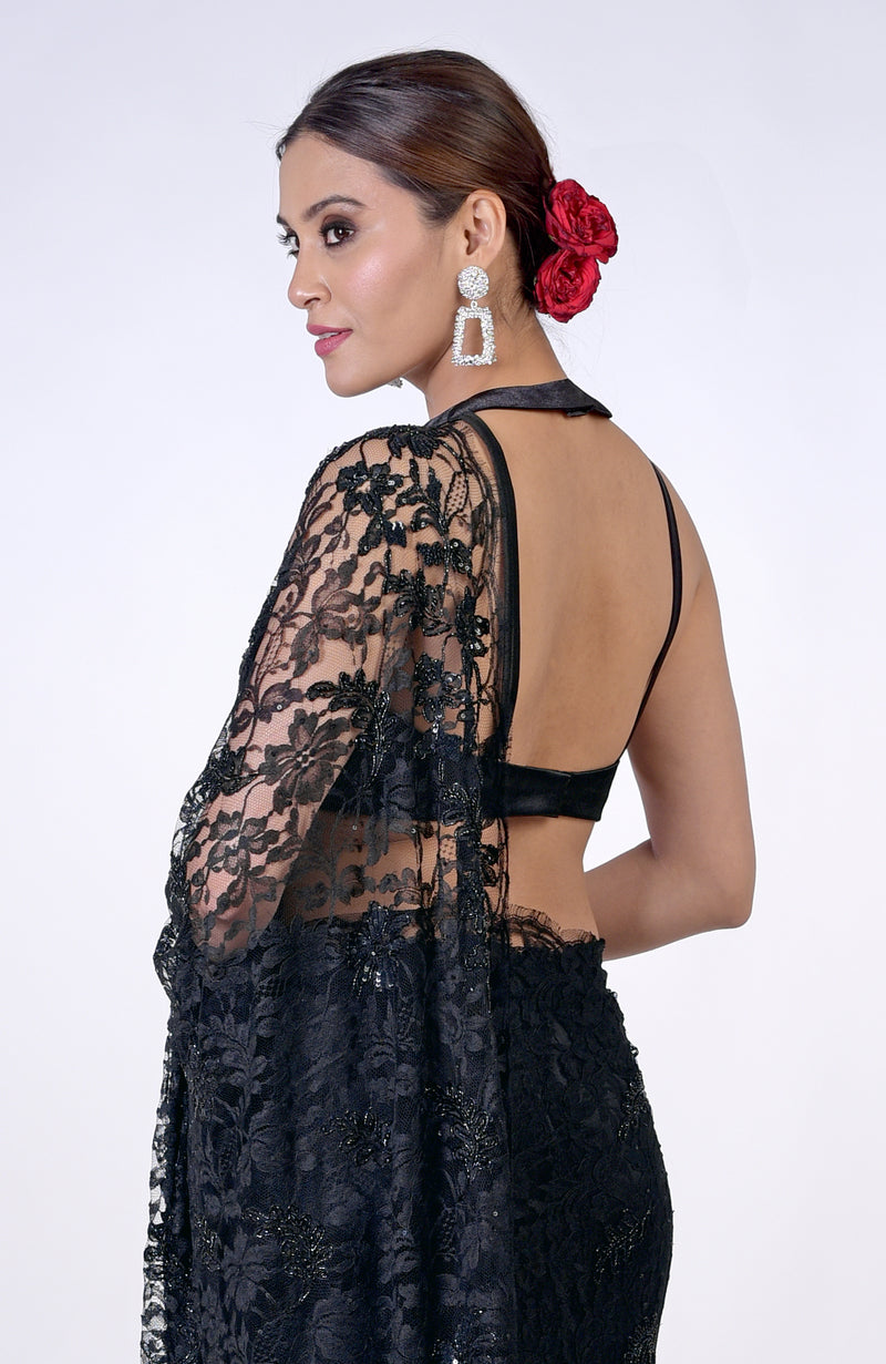 Black French Chantilly Lace Hand Embroidered Saree