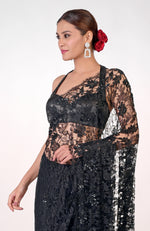 Black French Chantilly Lace Hand Embroidered Saree