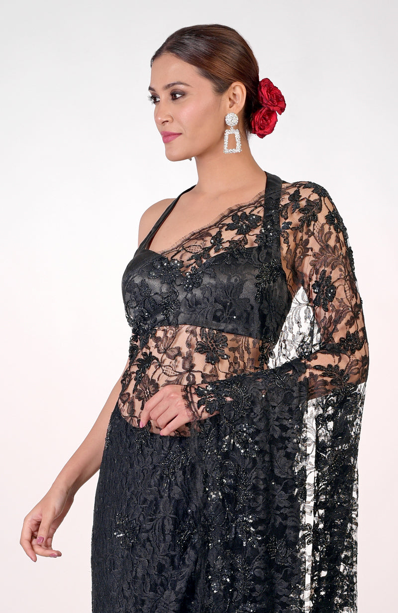 Black French Chantilly Lace Hand Embroidered Saree