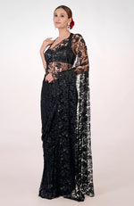 Black French Chantilly Lace Hand Embroidered Saree
