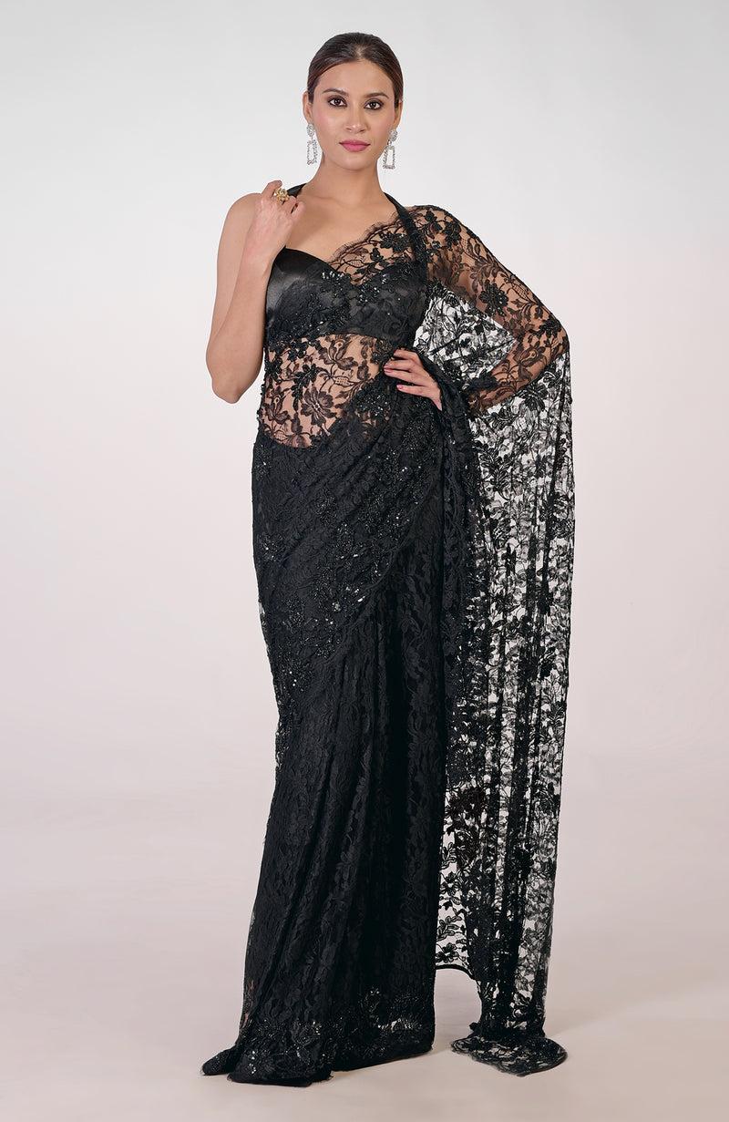 Black French Chantilly Lace Hand Embroidered Saree