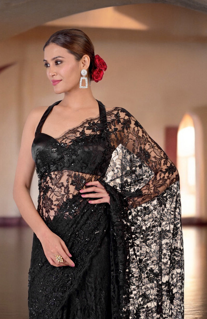 Black French Chantilly Lace Hand Embroidered Saree