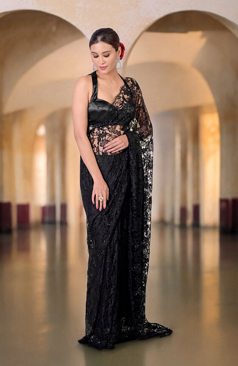 Black French Chantilly Lace Hand Embroidered Saree