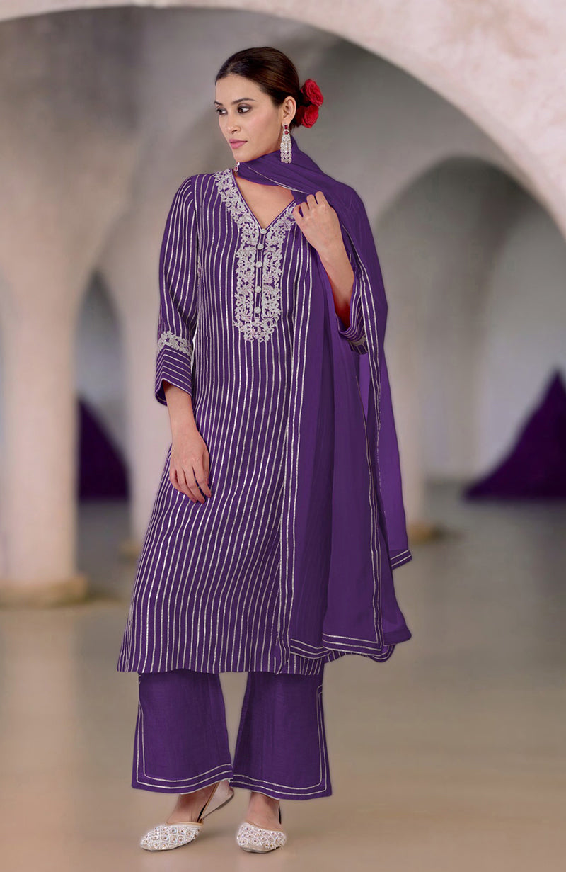 Mulled Grape Gota & Tilla Embroidered Silk Linen Suit