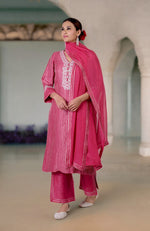 Pink Yarrow Gota & Tilla Embroidered Silk Linen Suit