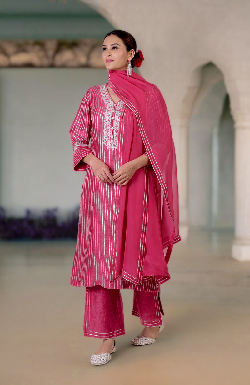 Pink Yarrow Gota & Tilla Embroidered Silk Linen Suit