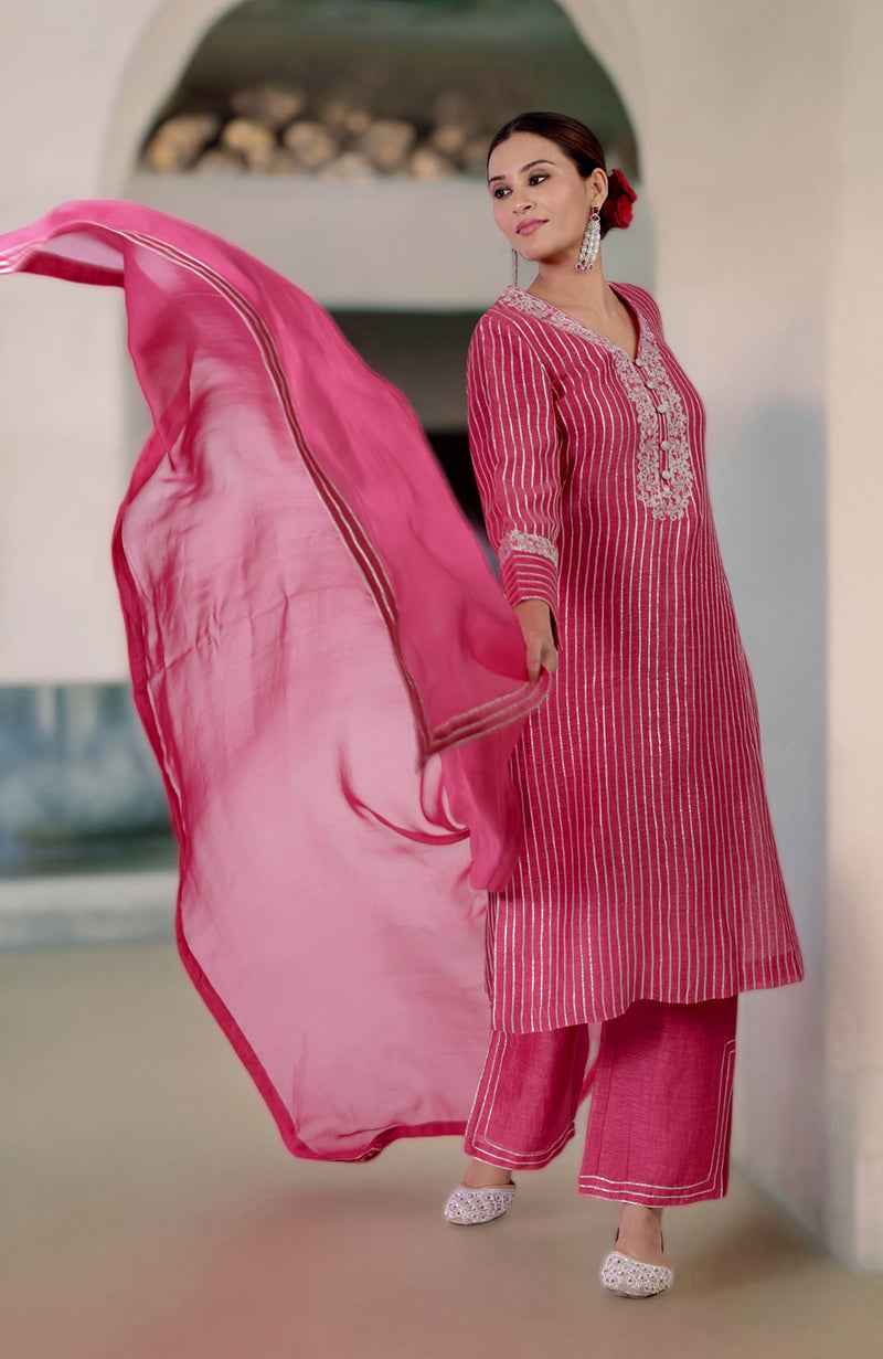 Pink Yarrow Gota & Tilla Embroidered Silk Linen Suit