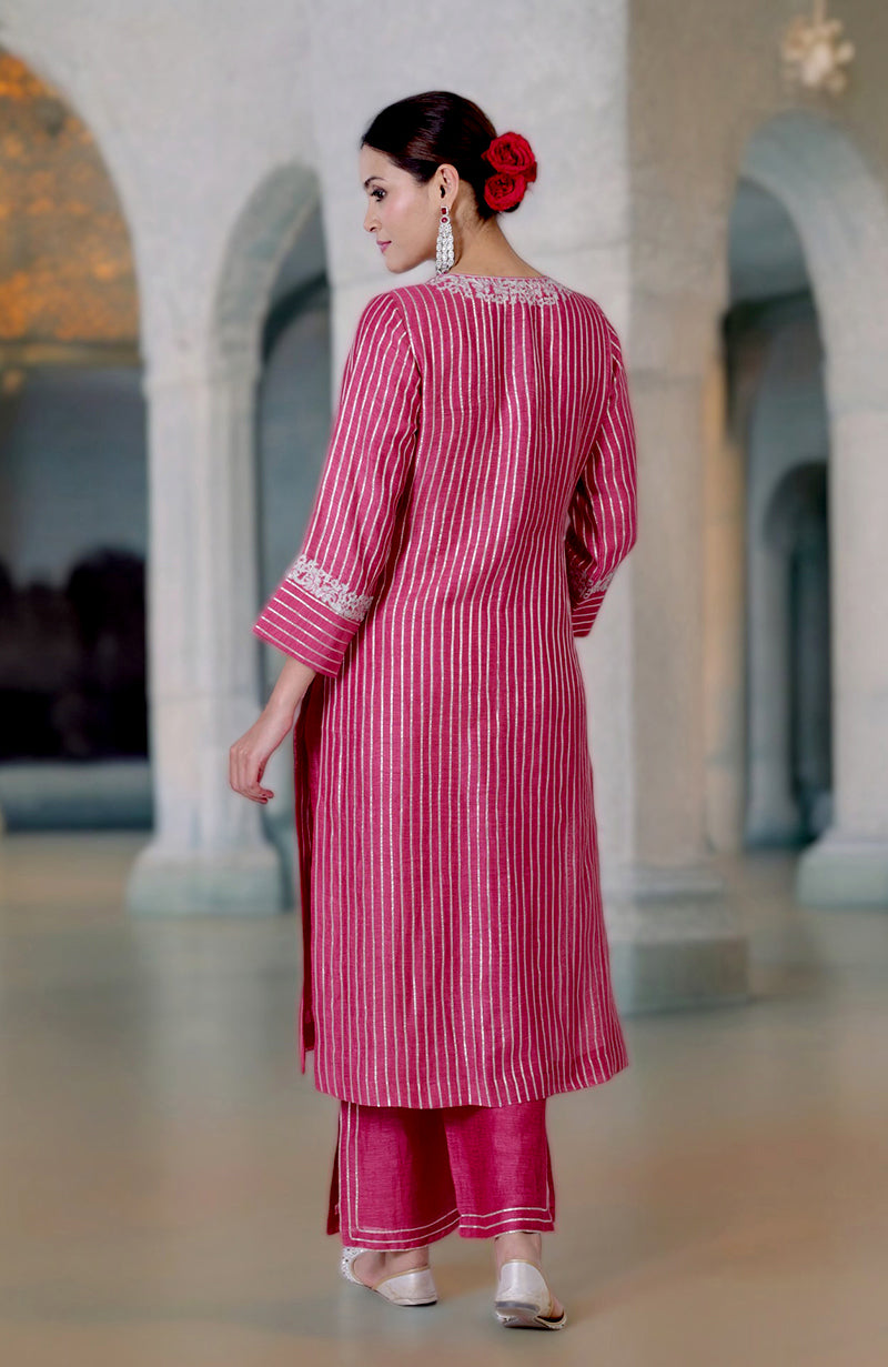 Pink Yarrow Gota & Tilla Embroidered Silk Linen Suit