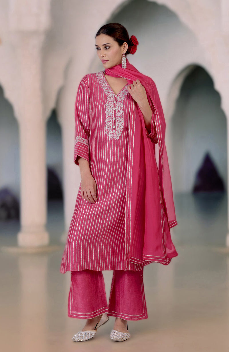 Pink Yarrow Gota & Tilla Embroidered Silk Linen Suit