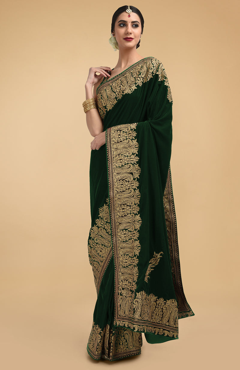 Bottle Green Kashmiri Gold Tilla Aari Embroidered Velvet Saree
