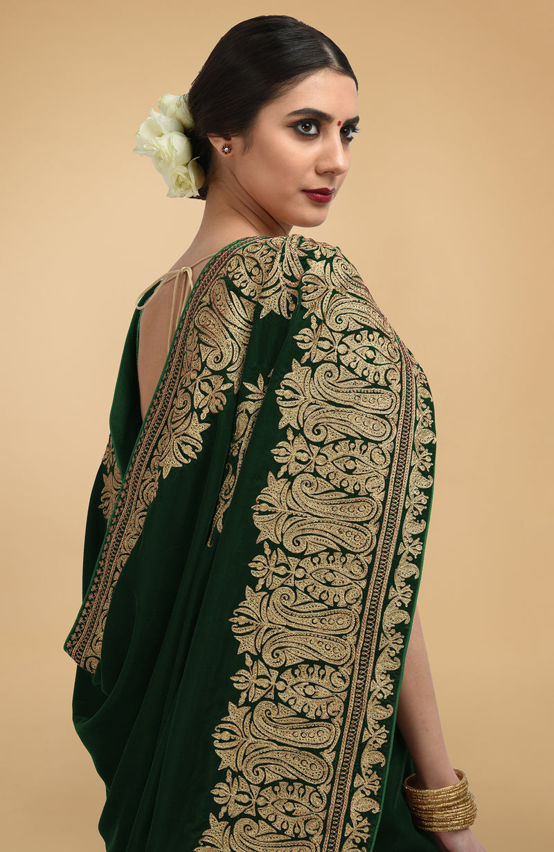 Bottle Green Kashmiri Gold Tilla Aari Embroidered Velvet Saree