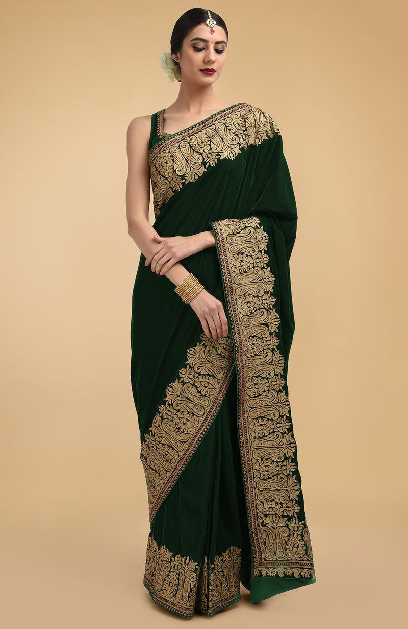 Bottle Green Kashmiri Gold Tilla Aari Embroidered Velvet Saree