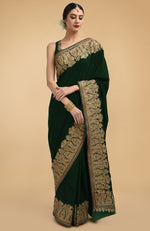 Bottle Green Kashmiri Gold Tilla Aari Embroidered Velvet Saree