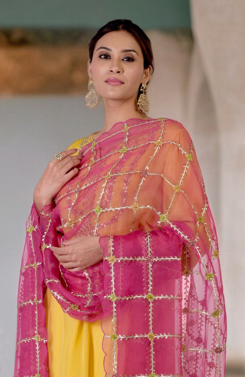 Fuchsia-Gold Floral Hand Embroidered Dupatta