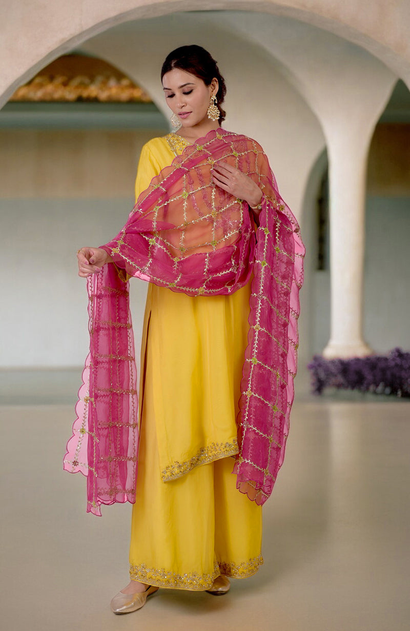Fuchsia-Gold Floral Hand Embroidered Dupatta