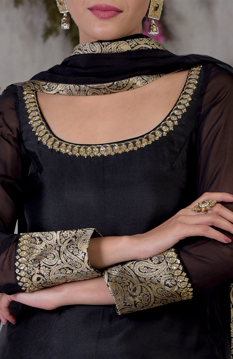 Black-Gold Banarasi Embroidered Sharara Set
