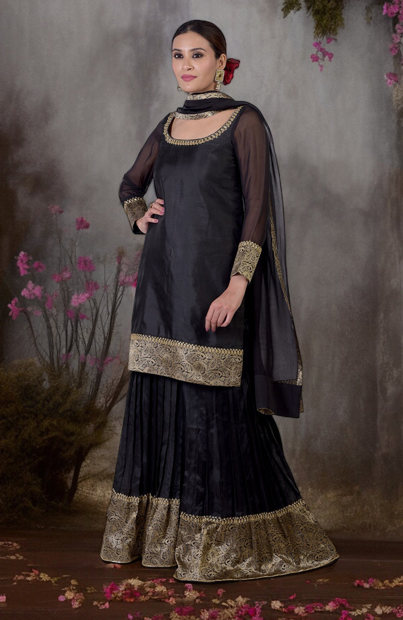 Black-Gold Banarasi Embroidered Sharara Set