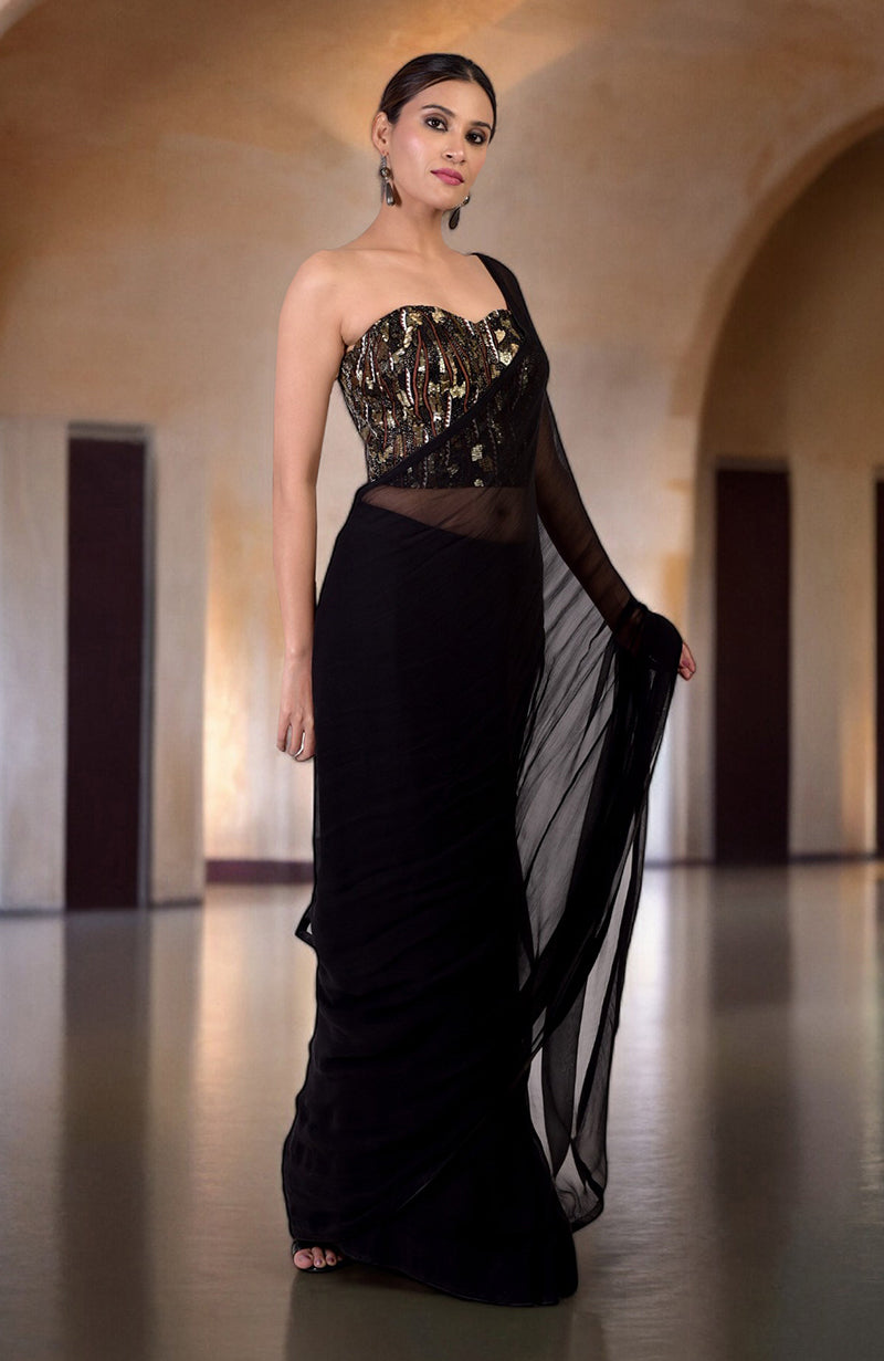 Woodstock Hand Embroidered Corset and Saree Set