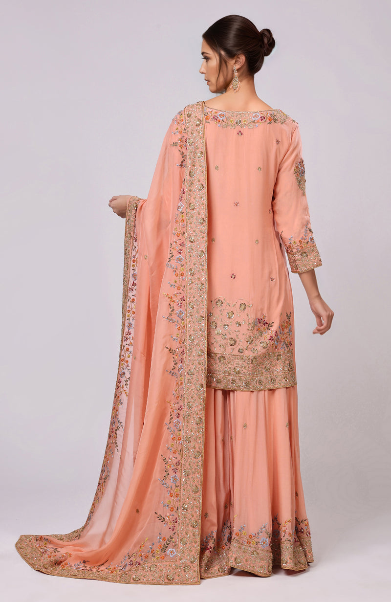 Salmon Marori and Resham Hand Embroidered Sharara Set
