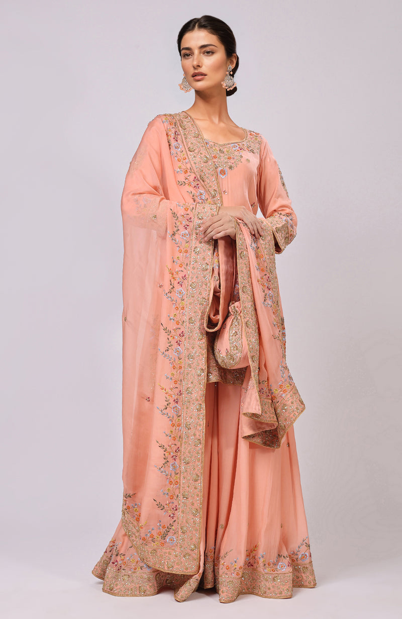 Salmon Marori and Resham Hand Embroidered Sharara Set