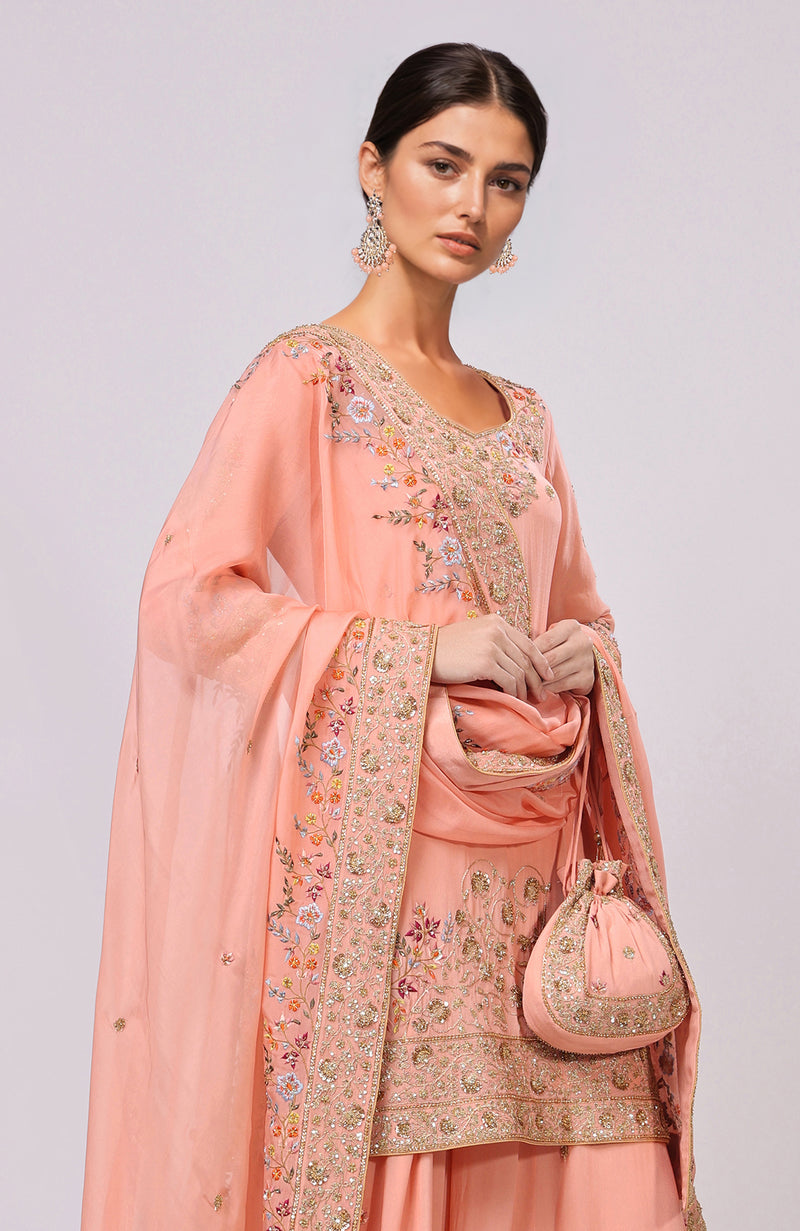Salmon Marori and Resham Hand Embroidered Sharara Set