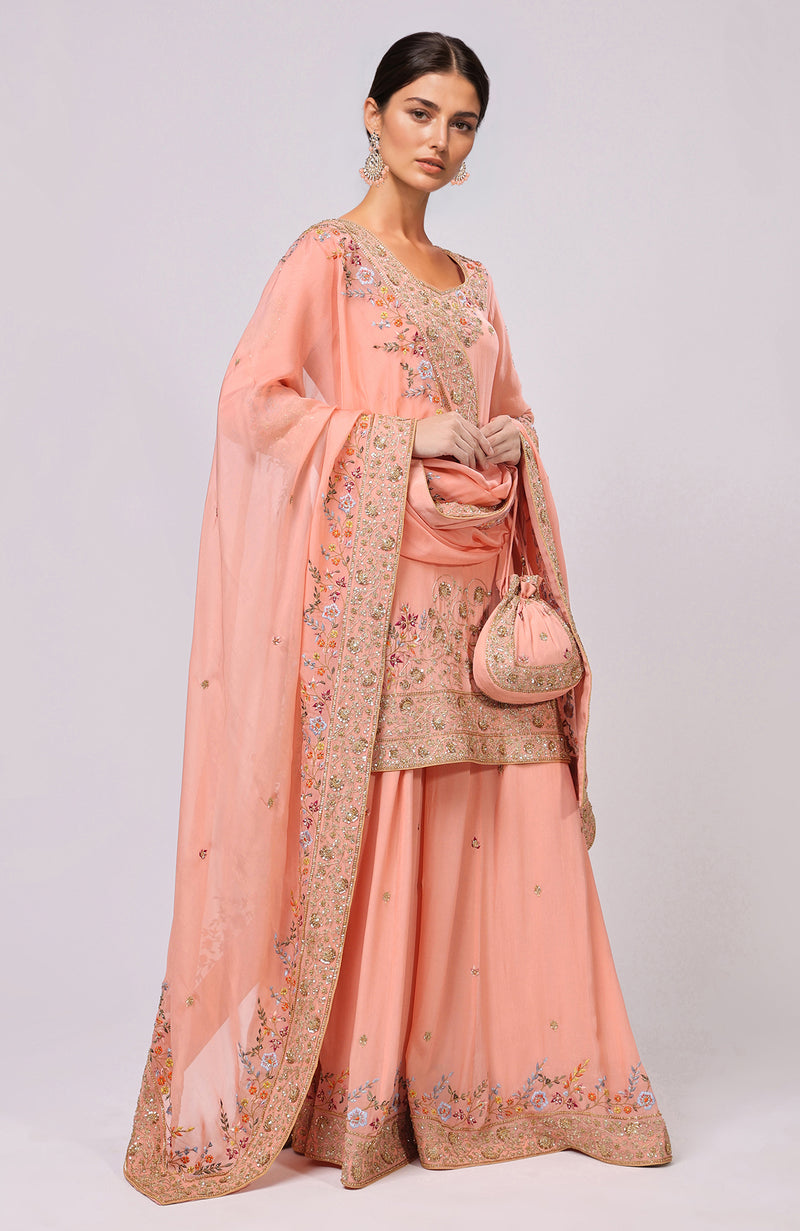 Salmon Marori and Resham Hand Embroidered Sharara Set