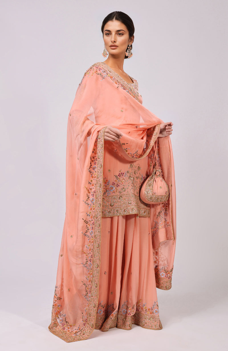 Salmon Marori and Resham Hand Embroidered Sharara Set