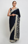 Navy Blue- Beige Parsi Gara Hand Embroidered Saree
