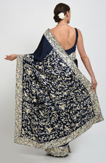 Navy Blue- Beige Parsi Gara Hand Embroidered Saree