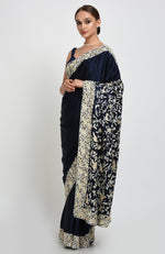 Navy Blue- Beige Parsi Gara Hand Embroidered Saree
