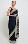 Navy Blue- Beige Parsi Gara Hand Embroidered Saree